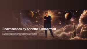 Patreon announcement graphic for Realmscapes by Annette Zimmerman, showing Anni standing on a glowing cosmic path among stars, planets, clouds, and golden towers.