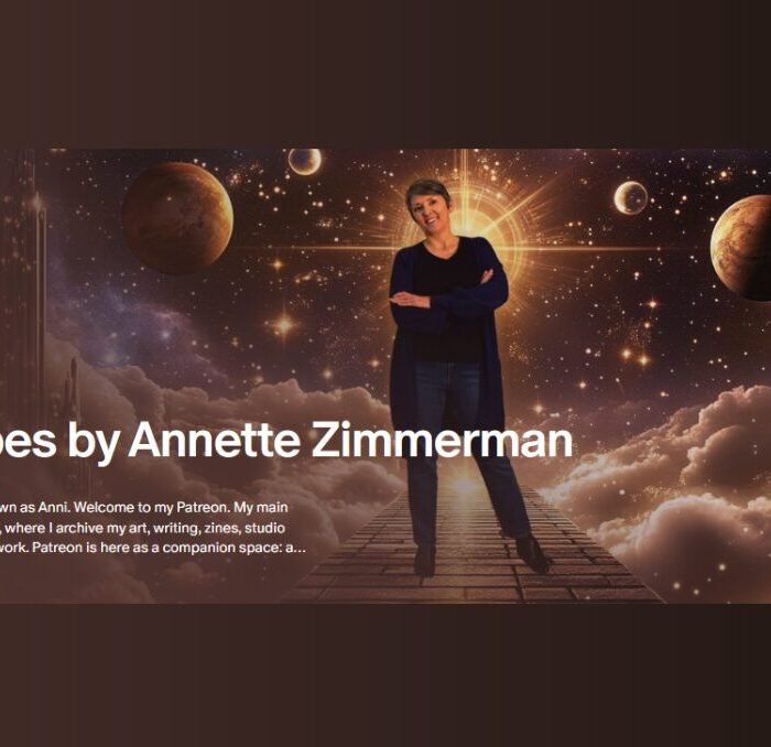 Patreon announcement graphic for Realmscapes by Annette Zimmerman, showing Anni standing on a glowing cosmic path among stars, planets, clouds, and golden towers.