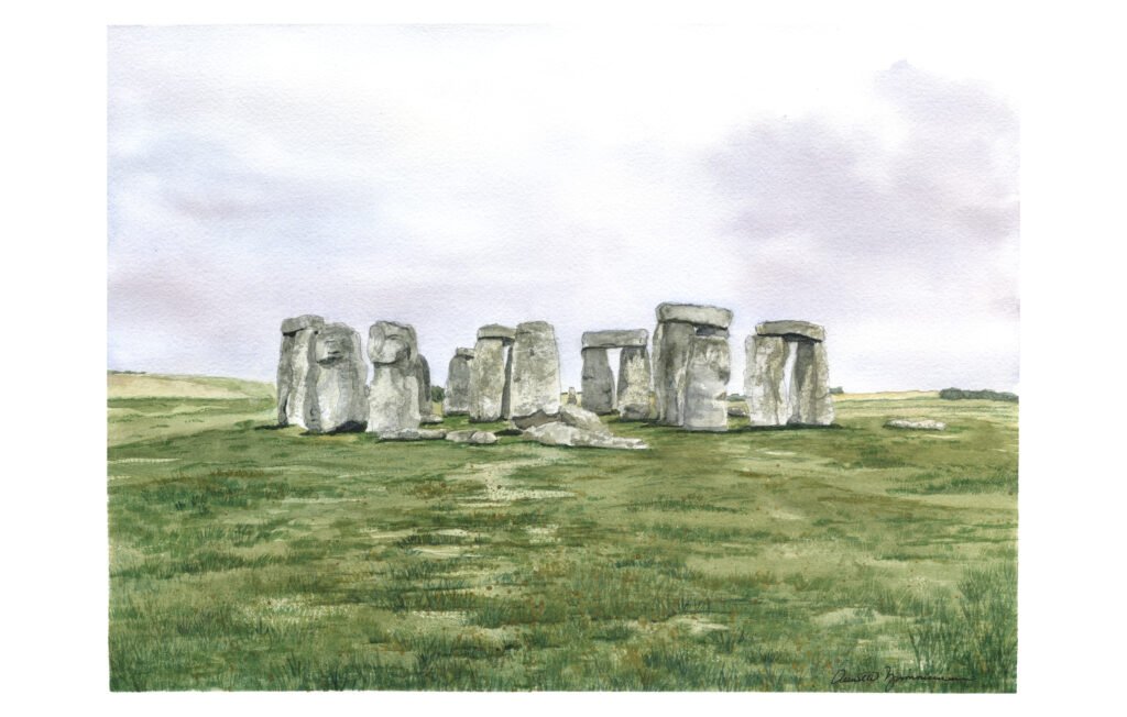 Watercolor painting of Stonehenge under a pale cloudy sky, with the ancient stone circle standing in a green grassy landscape.