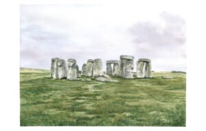 Watercolor painting of Stonehenge under a pale cloudy sky, with the ancient stone circle standing in a green grassy landscape.