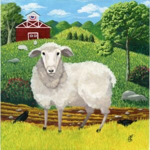gouache paintings in an Americana primitive style, one showing a sheep in a green summer landscape