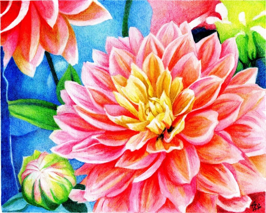 Watercolor and colored pencil painting of bright pink flowers with yellow centers, green leaves, and a vivid blue background.
