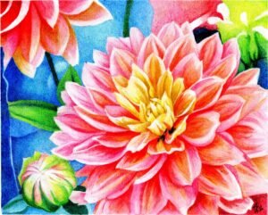 Watercolor and colored pencil painting of bright pink flowers with yellow centers, green leaves, and a vivid blue background.