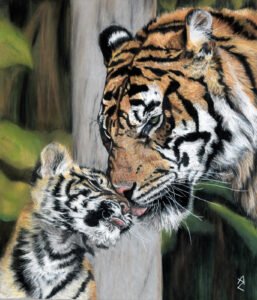 Pastel drawing of a tiger mother licking her cub’s face, with the cub reacting as if annoyed, against a soft woodland background.