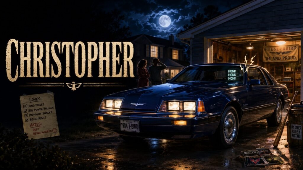 Dark blue 1984 Thunderbird parked in a driveway at night beside bold text reading “Christopher.”