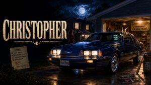 Dark blue 1984 Thunderbird parked in a driveway at night beside bold text reading “Christopher.”