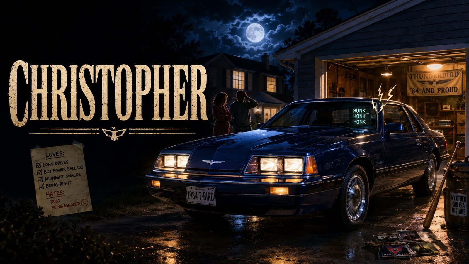 Dark blue 1984 Thunderbird parked in a driveway at night beside bold text reading “Christopher.”