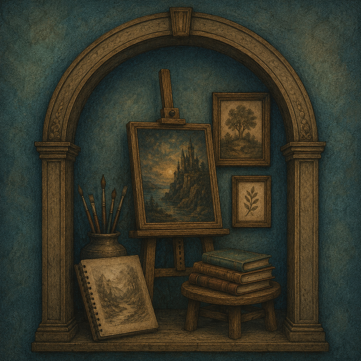 an illustration of artwork set into a gallery wall