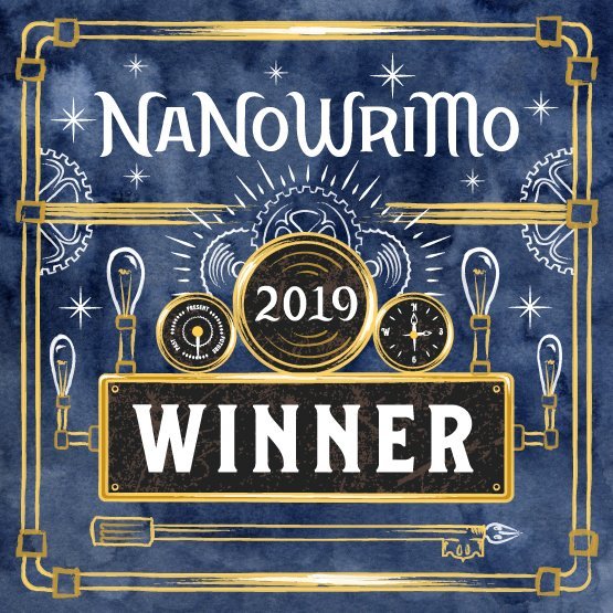 NaNoWriMo 2019 winner badge with white and gold lettering on a dark blue background, decorated with stars, gears, light bulbs, and a gold border.