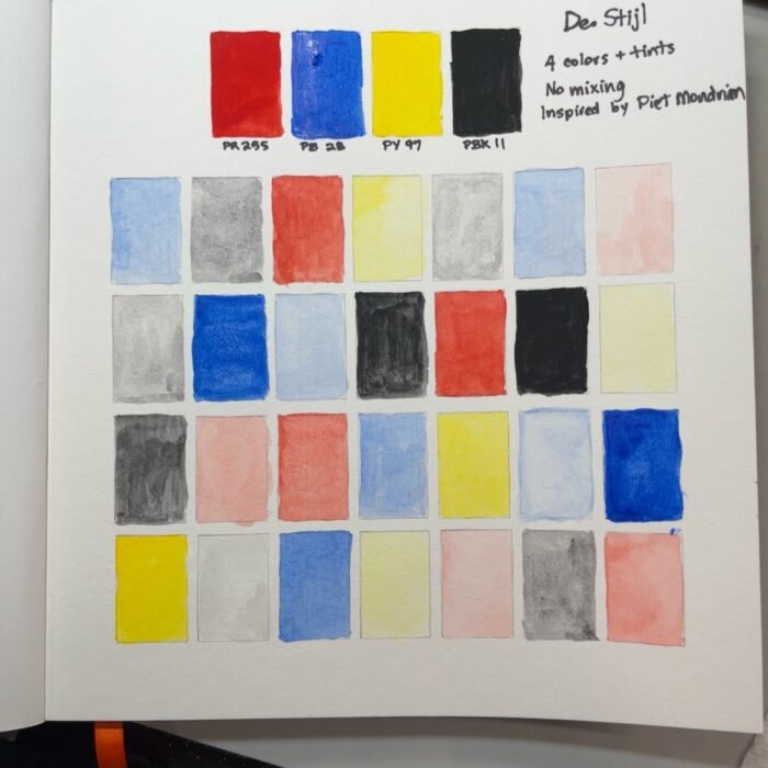 Watercolor sketchbook page showing a De Stijl-inspired limited palette of red, cobalt blue, yellow, and black, with lighter tints painted in a grid.