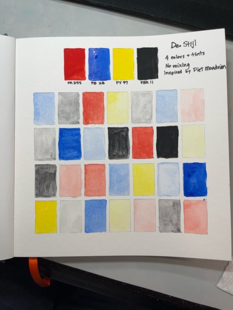 Watercolor sketchbook page showing a De Stijl-inspired limited palette of red, cobalt blue, yellow, and black, with lighter tints painted in a grid.