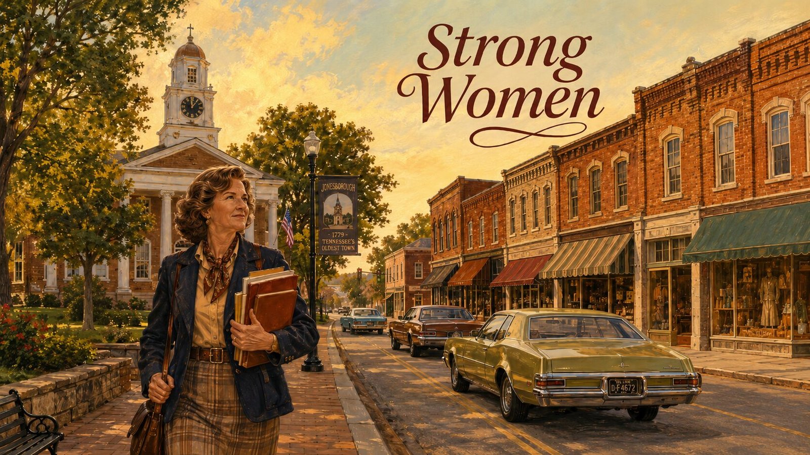 An illustrated image of a woman walking down the street of Jonesborough TN circa 1975
