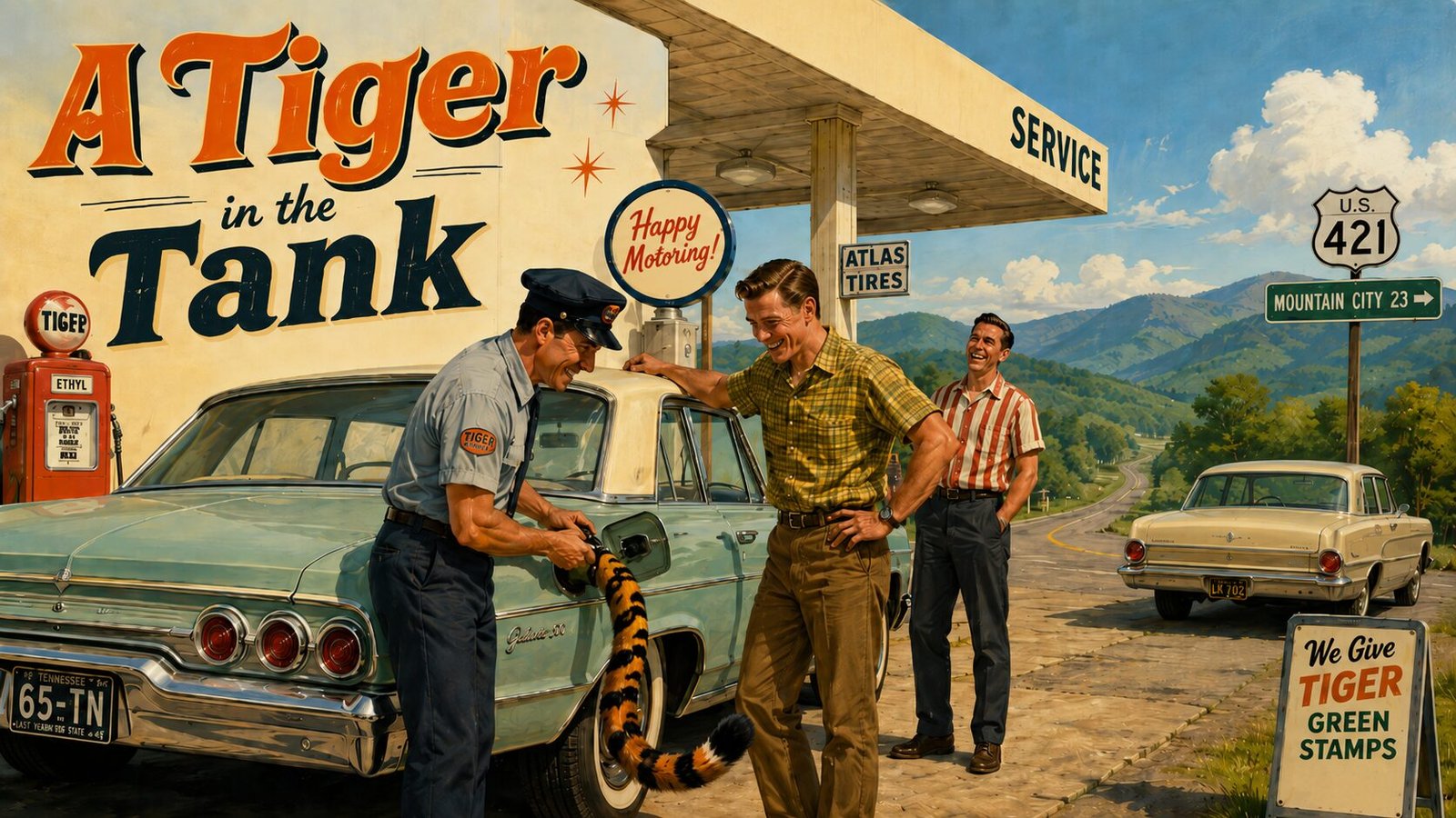 illustration of a 1965 Exxon station with three men looking at a tiger tail on a gas tank door