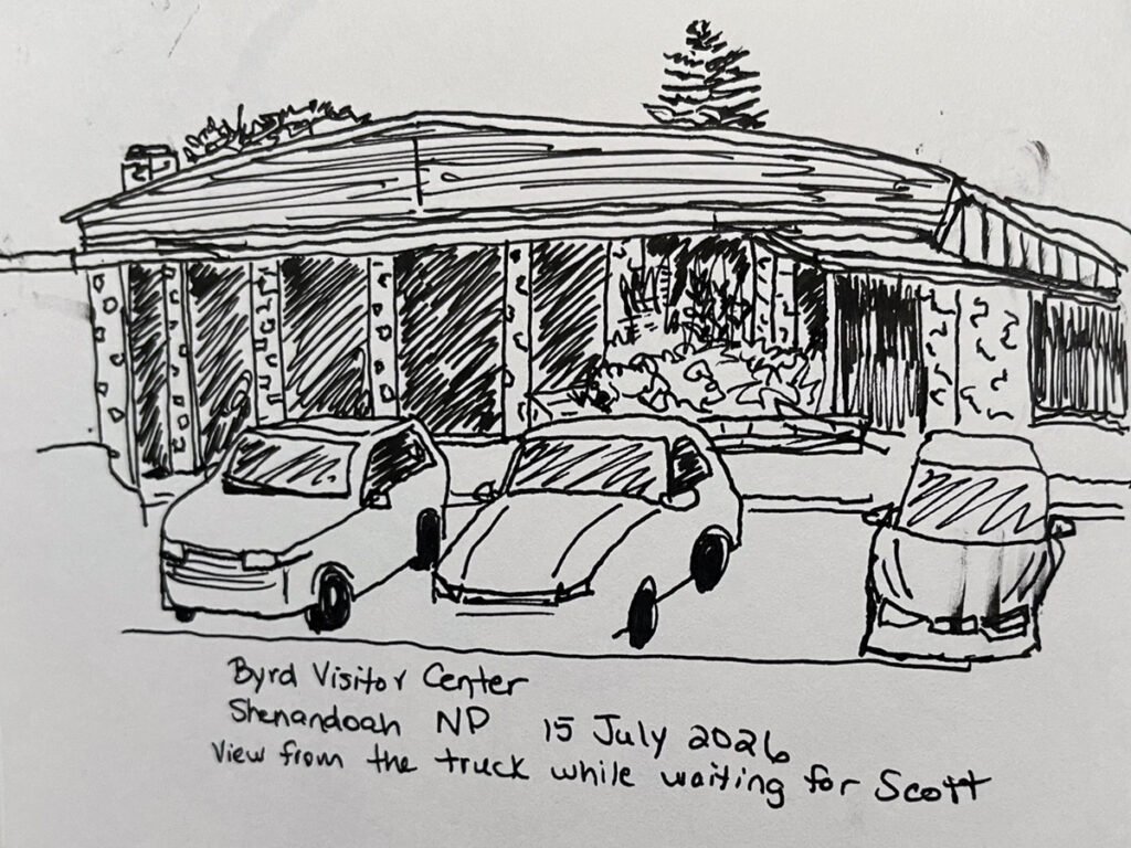 Black pen sketch of the Byrd Visitor Center with three parked vehicles in front.