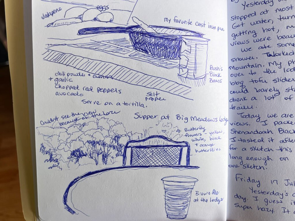 Blue ballpoint sketches of breakfast ingredients and cookware above a lodge table, chair, flowers, and plastic cup, surrounded by handwritten notes.