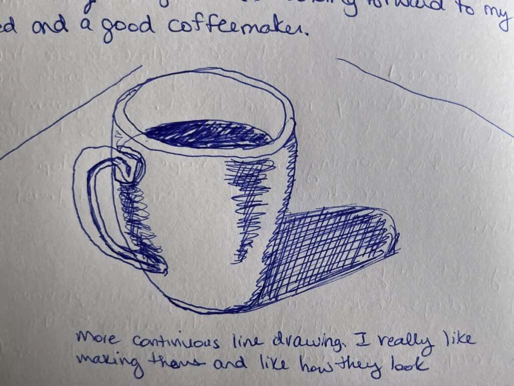 Blue ballpoint continuous-line drawing of a coffee mug and its shadow on a table.