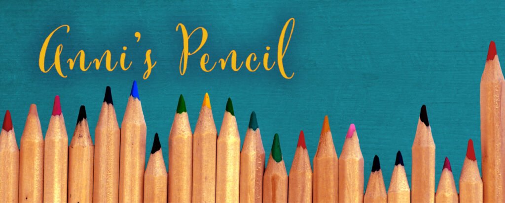 a row of colored pencils point to the words "Anni's Pencil" in yellow on a turquoise background