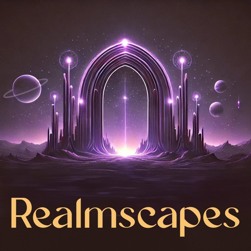 A dark purple universe with planets and a shiny archway sit above the word 'Realmscapes'
