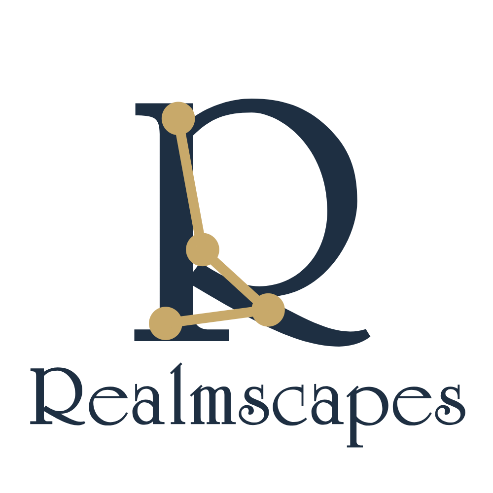 A navy blue R with gold dots linked together sits on top of the word 'Realmscapes'