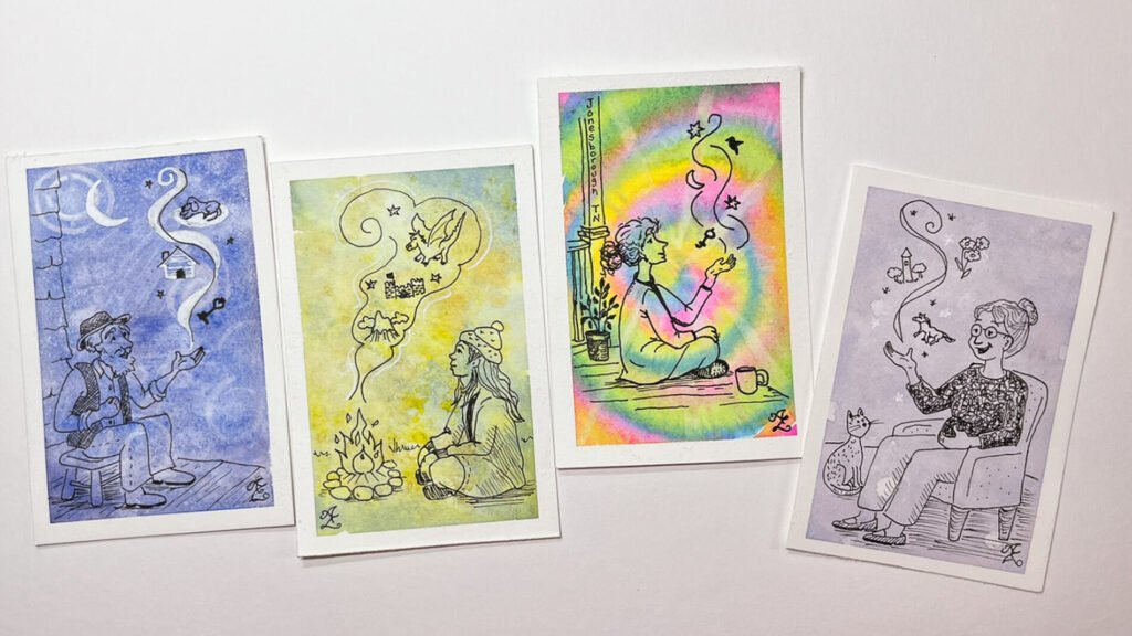 Four original ACEO cards featuring different storytellers, painted with watercolor textures and black ink in blue, green, rainbow, and lavender palettes.