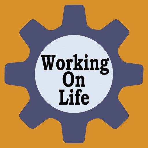 A purple gear on a bold yellow background with the words "Working On Life" in the middle of the gear