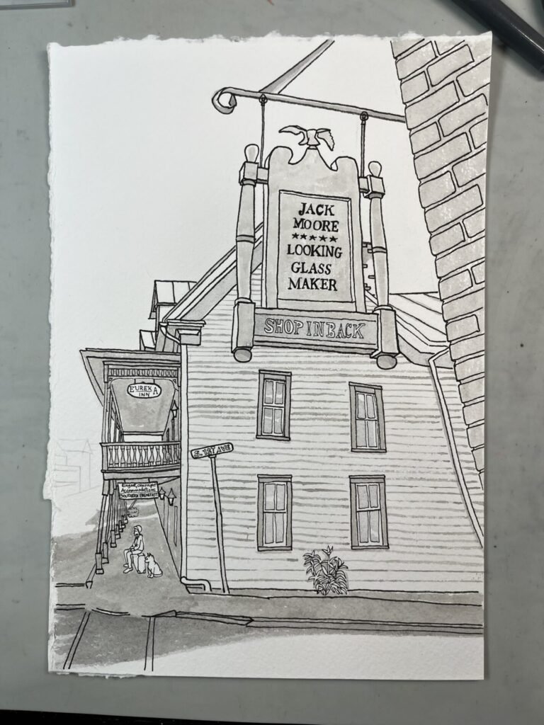Monochrome ink-and-wash painting of Jack Moore’s Looking Glass Maker sign above the Eureka Inn, with a boy sitting on luggage beside a cat.