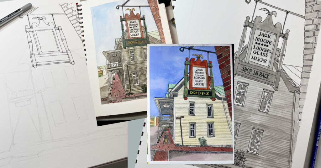 Collage showing the development of a watercolor painting of Jack Moore’s Looking Glass Maker sign, from initial sketch and ink study to finished colorful artwork.