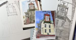 Collage showing the development of a watercolor painting of Jack Moore’s Looking Glass Maker sign, from initial sketch and ink study to finished colorful artwork.