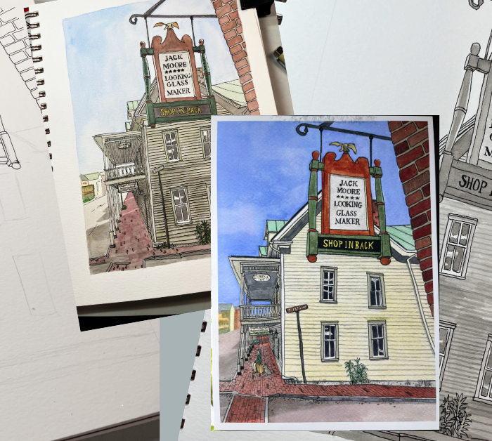Collage showing the development of a watercolor painting of Jack Moore’s Looking Glass Maker sign, from initial sketch and ink study to finished colorful artwork.