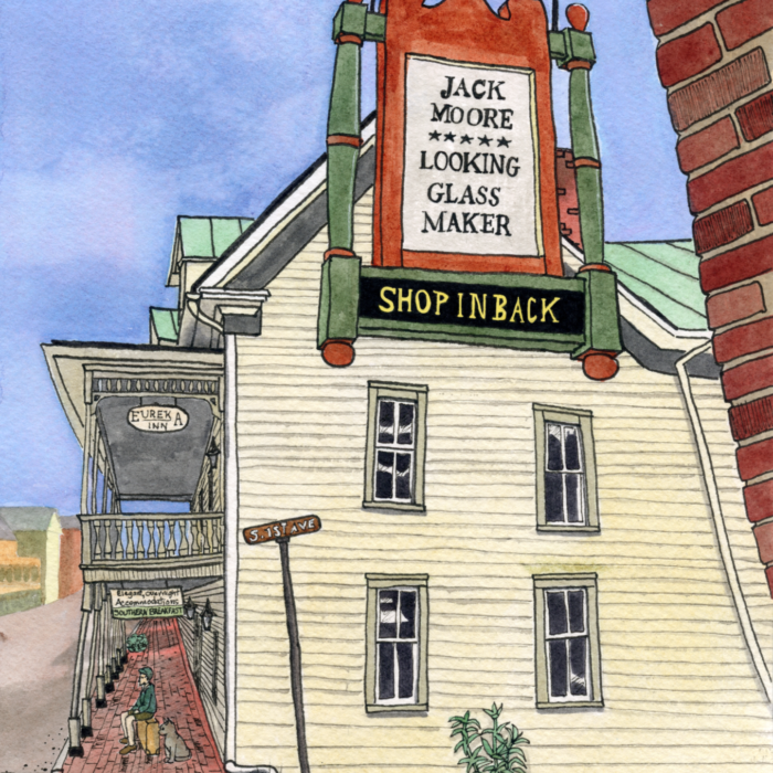 A colorful ink-and-watercolor illustration of the Jack Moore Looking Glass Maker sign in Jonesborough, with a large red-and-green sign, brick sidewalks, and a boy sitting beside a cat in the alley below.