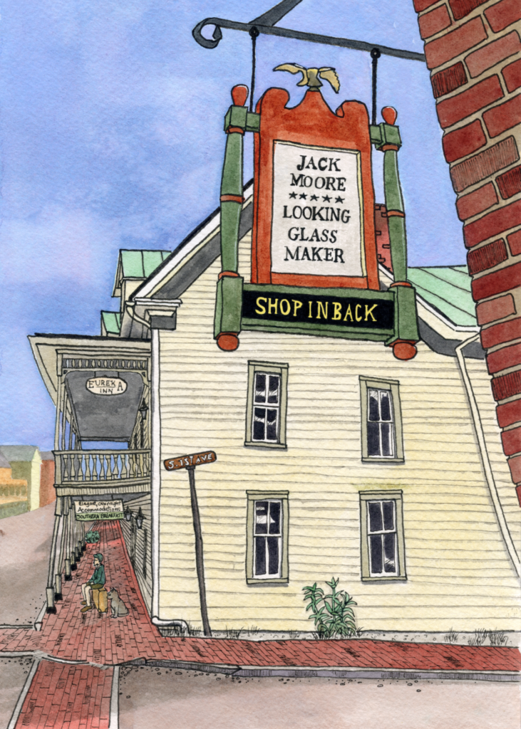 Colorful ink-and-watercolor illustration of the Jack Moore Looking Glass Maker building in Jonesborough, with a large red-and-green sign, brick sidewalks, and a boy sitting beside a cat in the alley below.