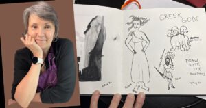 Composite image of Anni Zimmerman holding a black pen beside an open sketchbook filled with charcoal and ink drawings, including a dark architectural scene and playful figures labeled Medusa, Cerberus, and Zeus.