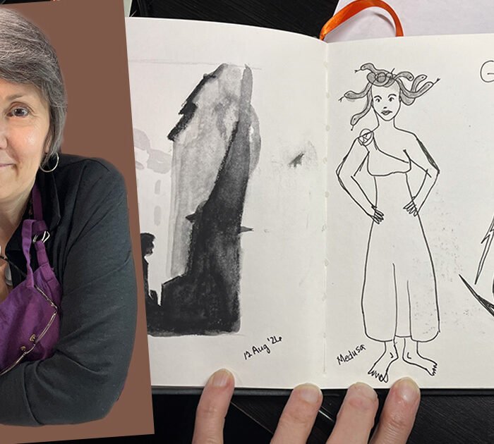 Composite image of Anni Zimmerman holding a black pen beside an open sketchbook filled with charcoal and ink drawings, including a dark architectural scene and playful figures labeled Medusa, Cerberus, and Zeus.