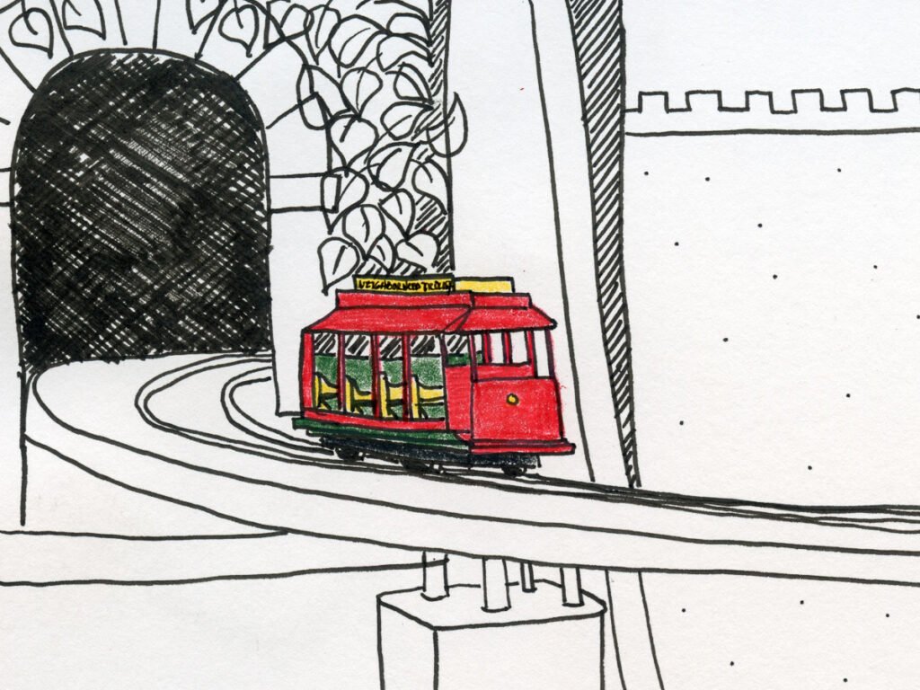 Hand-drawn illustration of a bright red trolley traveling along tracks through a whimsical black-and-white streetscape.