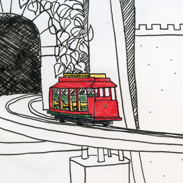 Hand-drawn illustration of a bright red trolley traveling along tracks through a whimsical black-and-white streetscape.