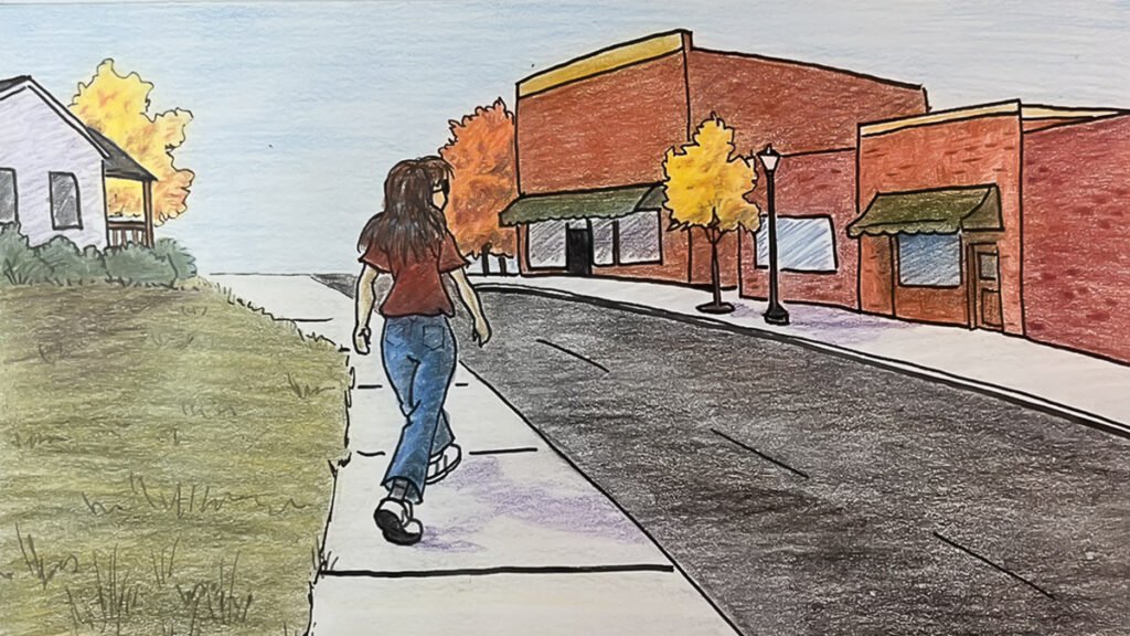 Hand-drawn illustration of a teenage girl walking along a sidewalk toward a small downtown lined with brick buildings and autumn trees.