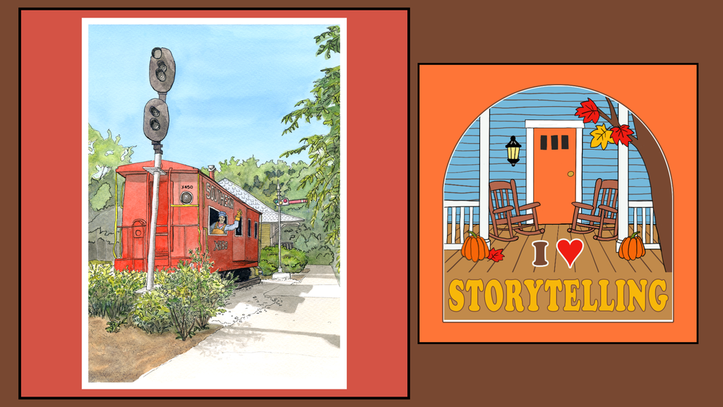 Side-by-side artwork showing a watercolor-and-ink illustration of the red Southern X450 caboose and a colorful sticker depicting an autumn porch with the words “I Love Storytelling.”