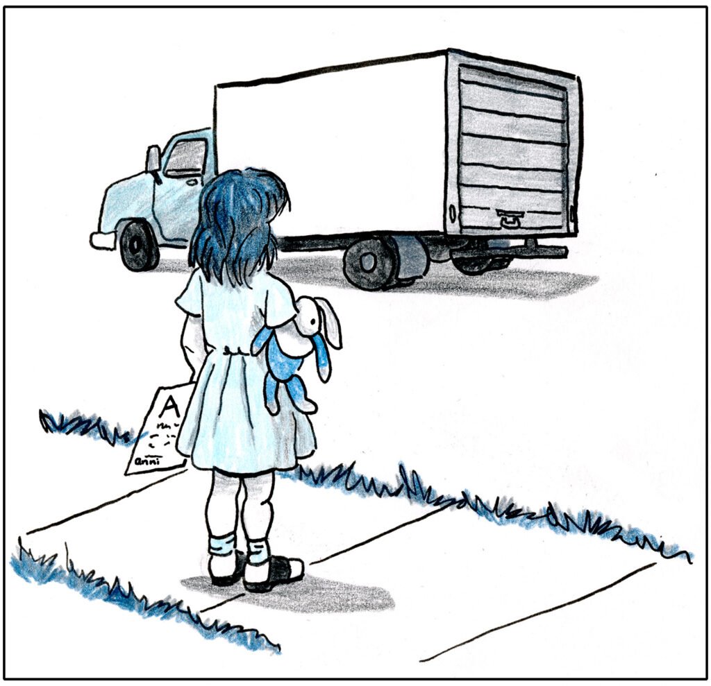 Hand-drawn illustration of a young girl holding a stuffed rabbit and watching a moving truck drive away.