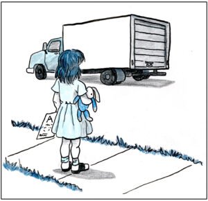 Hand-drawn illustration of a young girl holding a stuffed rabbit and watching a moving truck drive away.
