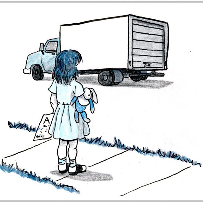 Hand-drawn illustration of a young girl holding a stuffed rabbit and watching a moving truck drive away.