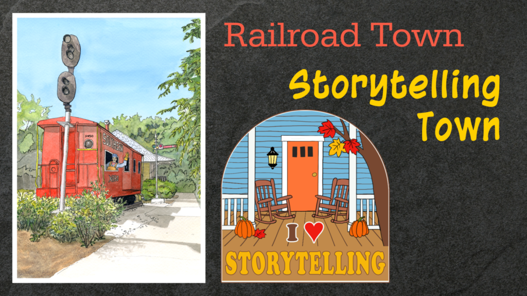 Side-by-side artwork showing a watercolor-and-ink illustration of the red Southern X450 caboose and a colorful sticker depicting an autumn porch with the words “I Love Storytelling.”