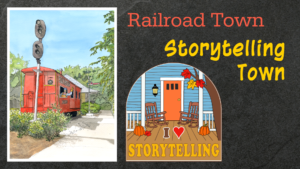 Side-by-side artwork showing a watercolor-and-ink illustration of the red Southern X450 caboose and a colorful sticker depicting an autumn porch with the words “I Love Storytelling.”