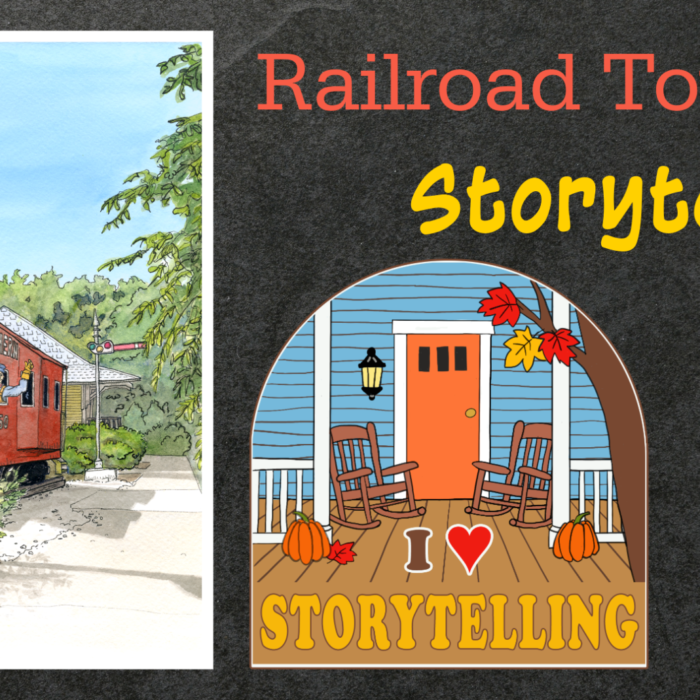 Side-by-side artwork showing a watercolor-and-ink illustration of the red Southern X450 caboose and a colorful sticker depicting an autumn porch with the words “I Love Storytelling.”