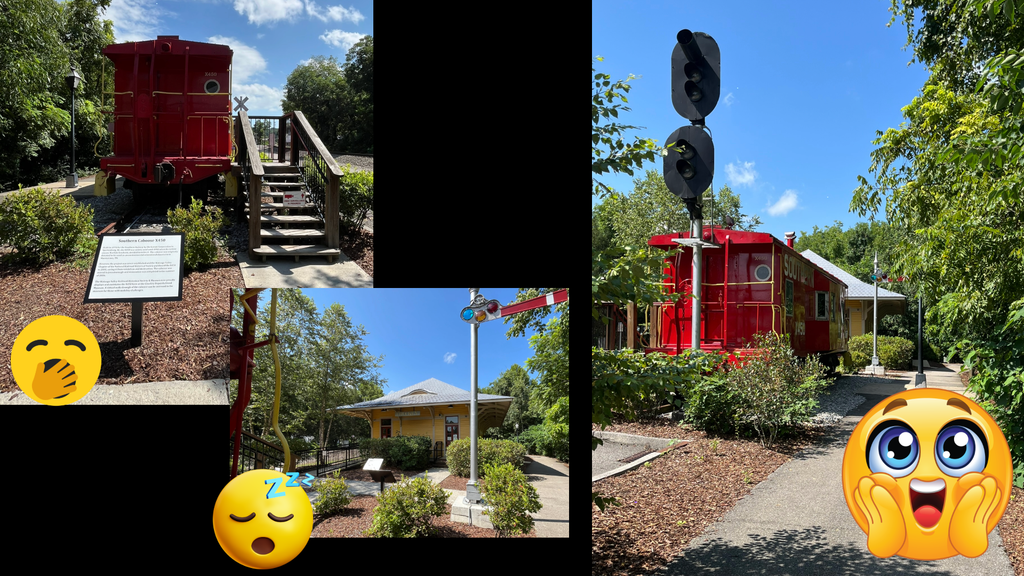 Collage of three photographs of the Southern X450 at the Chuckey Depot Museum. Two ordinary views are marked with sleepy emojis, while an excited emoji marks the more dynamic view of the red caboose, tall railroad signal, trees, and curving walkway.