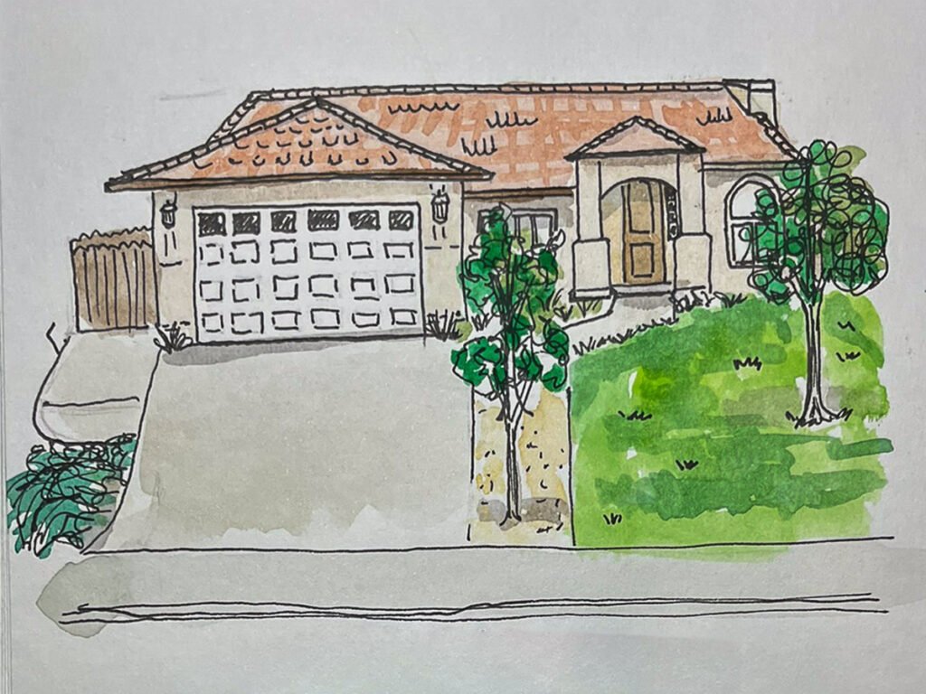 a watercolor picture of a house and garage