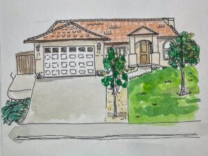 a watercolor picture of a house and garage
