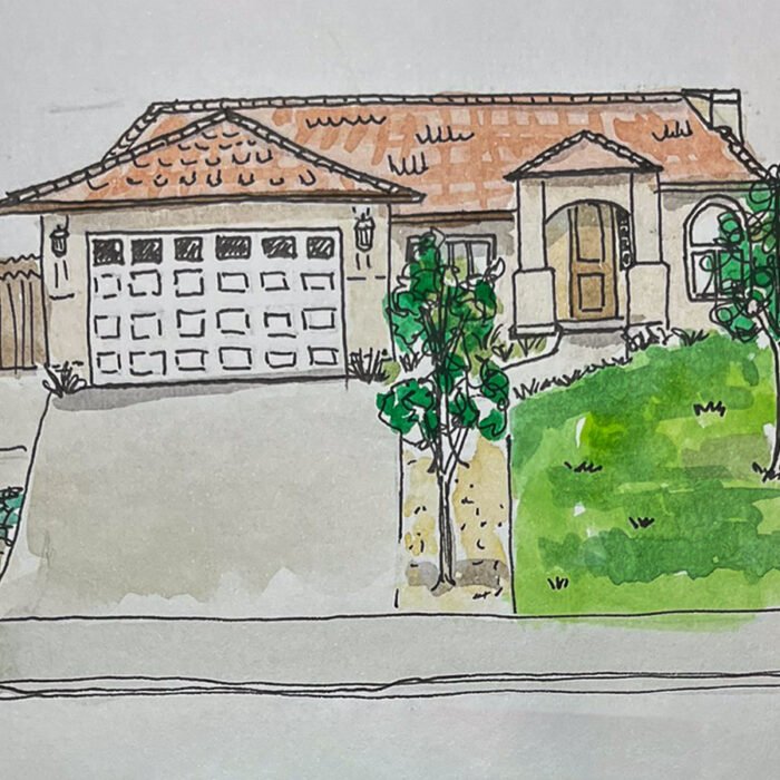 a watercolor picture of a house and garage