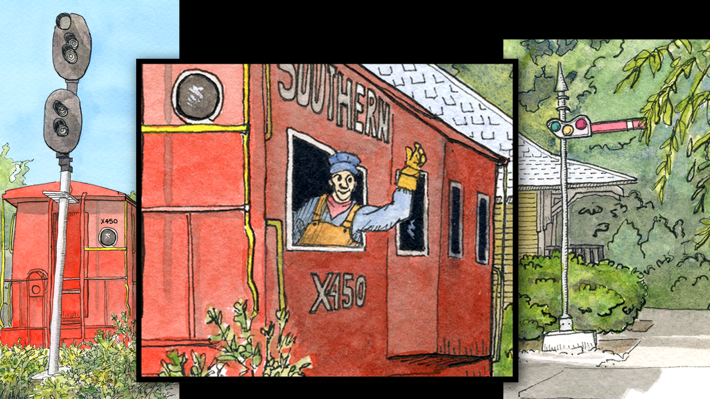 Details from the Southern X450 illustration, with an enlarged central view of the smiling Caboose Man leaning from the window and waving, framed by the caboose, railroad signals, foliage, and depot.