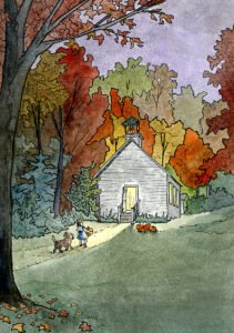 Ink and watercolor painting of Oak Hill Schoolhouse surrounded by autumn trees, with a glowing doorway, pumpkins, and a child carrying a pumpkin accompanied by a dog.