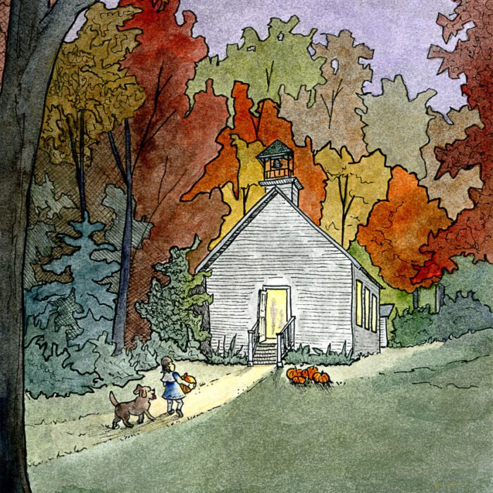 Ink and watercolor painting of Oak Hill Schoolhouse surrounded by autumn trees, with a glowing doorway, pumpkins, and a child carrying a pumpkin accompanied by a dog.